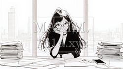 真剣な眼差しで企画を練っている女性（シンプルな色使い）