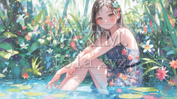蓮池で水遊びをする女の子