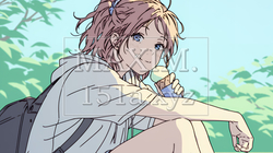 夏空の下でソフトクリーム（コーンに乗ったアイスクリーム）をたべる若い女性（シンプルな色使い）｜3323481-9956