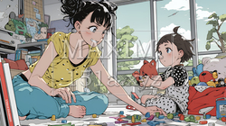 家の中で子どもと遊んでいる若い母親 | 3152702-8144