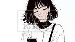 楽しそうにスマホ画面を眺めている若い女性（シンプルな色使い） | 3162150-14957