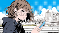 外出中にスマートフォンをいじくっている若い女性