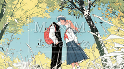 秋の紅葉の下でキスをしている若い恋人たち｜3192437-12703