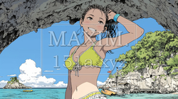 南国の海岸にビキニ姿でいる若い女性