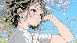 満開の桜の下、春風に乱れた髪を整える若い女性 | 3198160-15108