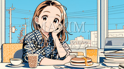 早朝のダイナー（喫茶店）でパンケーキ（モーニングセット）を食べる若い女性｜3081100-15629