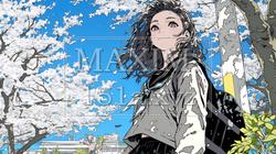 満開の桜の木下を歩く制服姿の女子高生