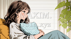 ソファでクッションを抱えてくつろぐ若い女性 | 3216532-16737