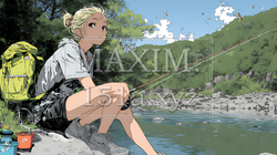 岸から魚釣りを楽しむ若い女性｜渓流・自然・アウトドア・ライフスタイル | 3227176-17549
