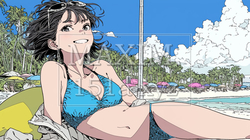 南国の海岸にビキニ姿でいる若い女性
