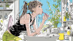 洗面所で朝の歯磨きをする若い女性 | 3235780-16909
