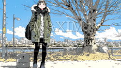 冬枯れの郊外の道を歩く若い女性