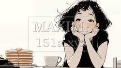 早朝のダイナー（喫茶店）でパンケーキ（モーニングセット）を食べる若い女性（シンプルな色使い）｜3207407-15616