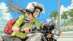 バイクに乗っている若い女性