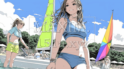 ヨットに乗ろうとしているビキニ姿の若い女性