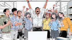プロジェクト成功を喜ぶスタートアップチーム｜オフィスで大喜びするビジネスパーソン | 3262062-17236
