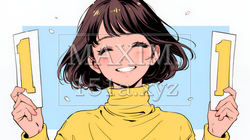 数字の「1」を掲げている若い女性 | 3269217-15449