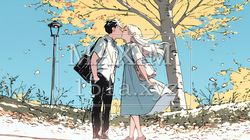秋の紅葉の下でキスをしている若い恋人たち｜3288413-16540