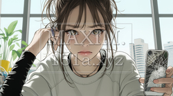 画面が激しく割れているスマートフォンを手にしているいる若い女性