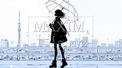 雨の日に傘をさして歩く若い女性（シンプルな色使い）｜3304278-9262