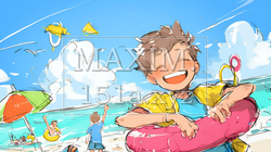 小学生の夏の思い出：海水浴（クレヨン＋水彩画風）
