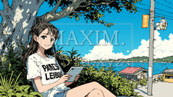 沖縄の海辺でスマートフォン・タブレットを操作している若い女性 | 3280521-5000