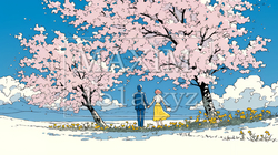 満開の桜の木の下でデートをしている若い男女のカップル｜3297412-16368