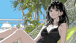 沖縄の青空の下、下着姿でハンモックで休んでいる若い女性