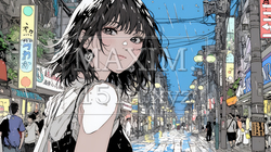 雨の中を傘をささずに歩く若い女性