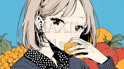 食事をしている若い女性：オレンジをかじっている若い女性