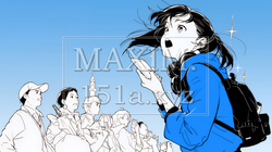 スマホの画面を見て驚いている若い女性（シンプルな色使い）