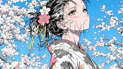 満開の梅の花と和服姿の若い女性 | 3318249-14717
