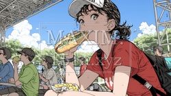 野球などの屋外スポーツを観戦しながら、ホットドッグを頬張る若い女性。 | 331955-9573