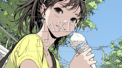 夏空の下でソフトクリーム（コーンに乗ったアイスクリーム）をたべる若い女性