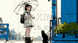 雨の中を歩く女性（シンプルな色使い）｜386494-9255
