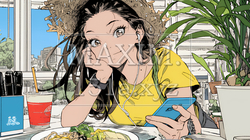 食事の最中もスマホを手放せない若い女性 | 3354271-12547