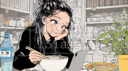 食事の最中もスマホを手放せない若い女性 | 3367041-12557