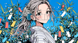 七夕の笹と浴衣姿の若い女性