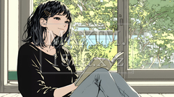 のんびり・ゆったり：窓辺でリラックスして本を読んでいる若い女性｜3373843-7371