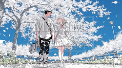 満開の桜の木の下でデートをしている若い男女のカップル