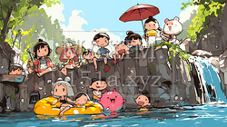 小学生の夏の思い出：川辺に遊びに行く（クレヨン＋水彩画風）