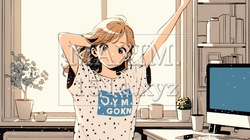 朝の目覚ましを止めて伸びをしている若い女性 | 3384798-15514