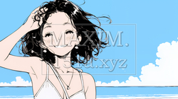 夏休みの思い出：海辺の町への一人旅（シンプルな色使い）