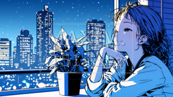 ベランダで夜風に当たりながら都会のランドスケープを眺め休む若い女性 | 3389792-16158