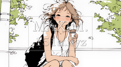 夏空の下でソフトクリーム（コーンに乗ったアイスクリーム）をたべる若い女性（シンプルな色使い）｜