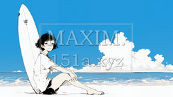 若い女性サーファーと夏のビーチの風景（シンプルな色使い）