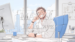 自席で訪問者と笑顔で会話をしているビジネスパーソン（シンプルな色使い）
