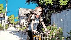 青空の下、自転車に乗る若い女性：備前市日生町の風景
