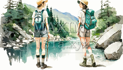 山にハイキングに来ている仲の良い若い女友達：水彩画 | 3416582-4353