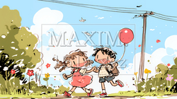 小学生の夏の思い出：初デート（クレヨン＋水彩画風）